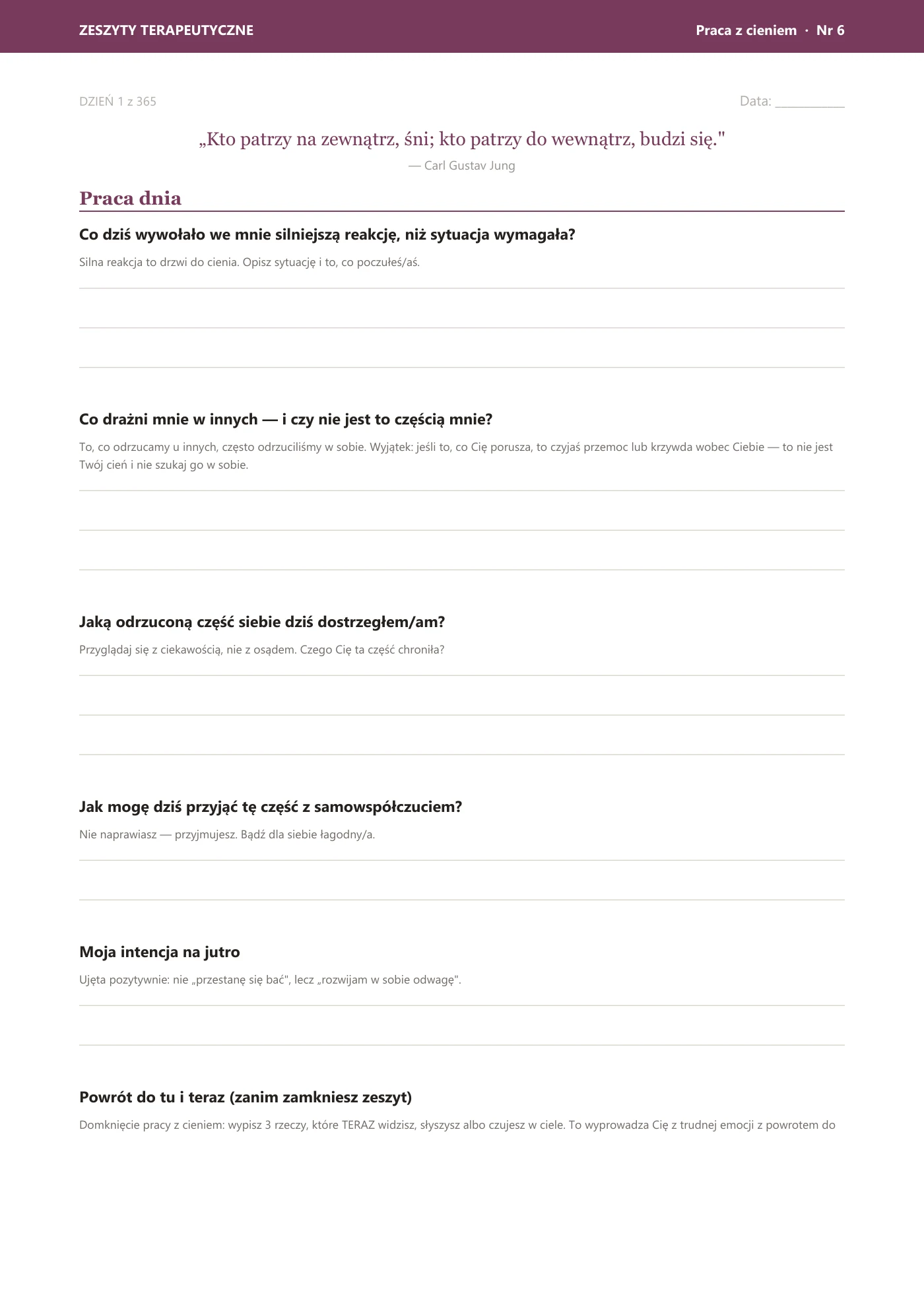 Praca z cieniem: Dzień 1 — pytania; dokończenie w próbce PDF